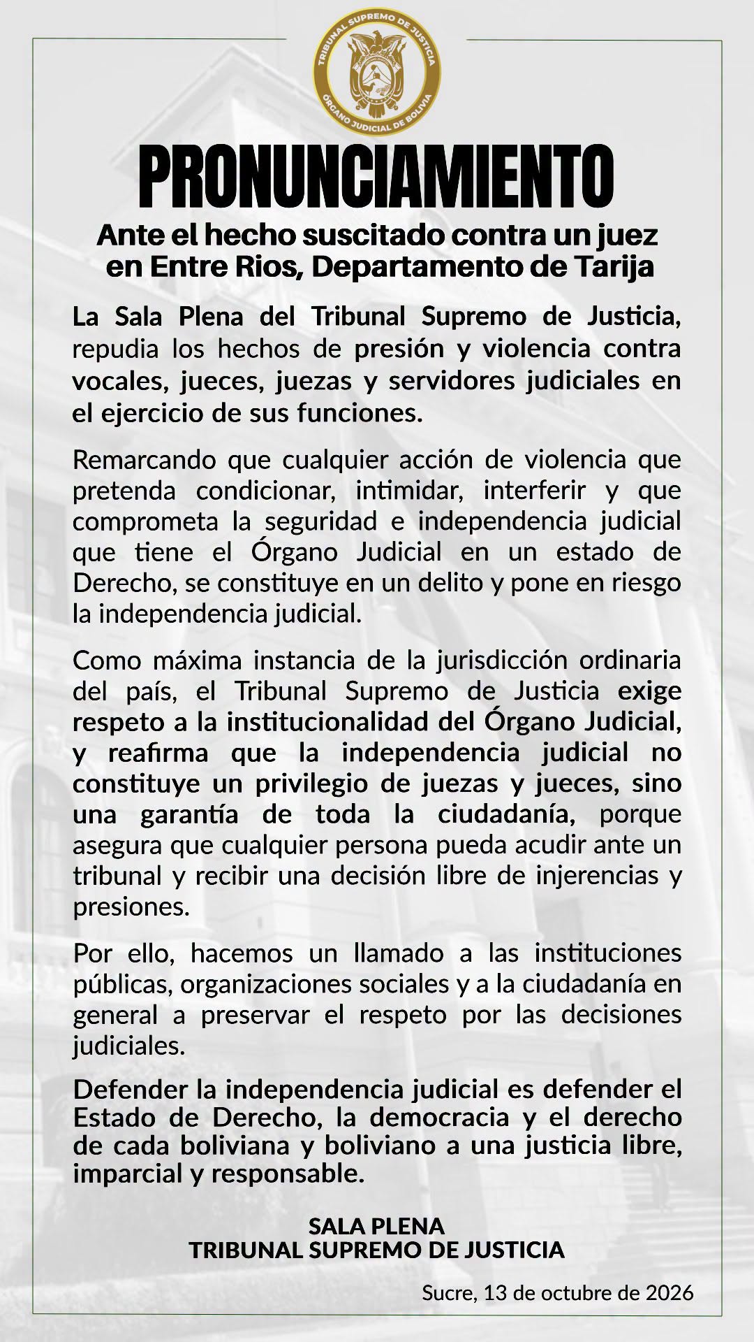 Sala Plena del TSJ exige respeto a la independencia judicial y a la institucionalidad del OJ